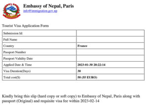 récépissé demande visa nepal